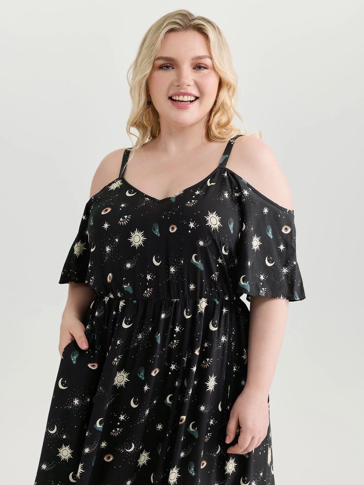 Starry Night Cold-Shoulder Flowy Midi Dress - Image 2