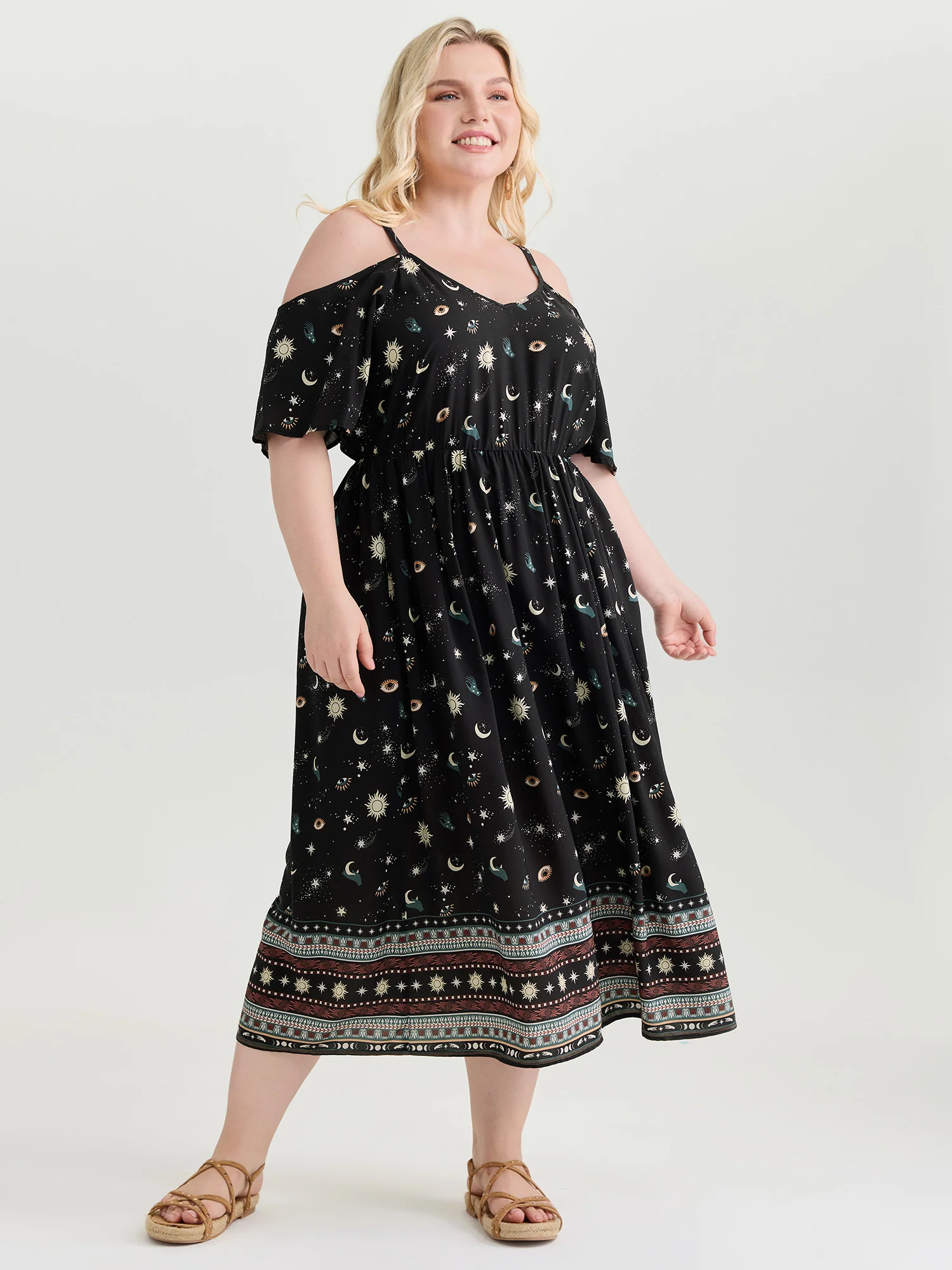 Starry Night Cold-Shoulder Flowy Midi Dress - Image 3