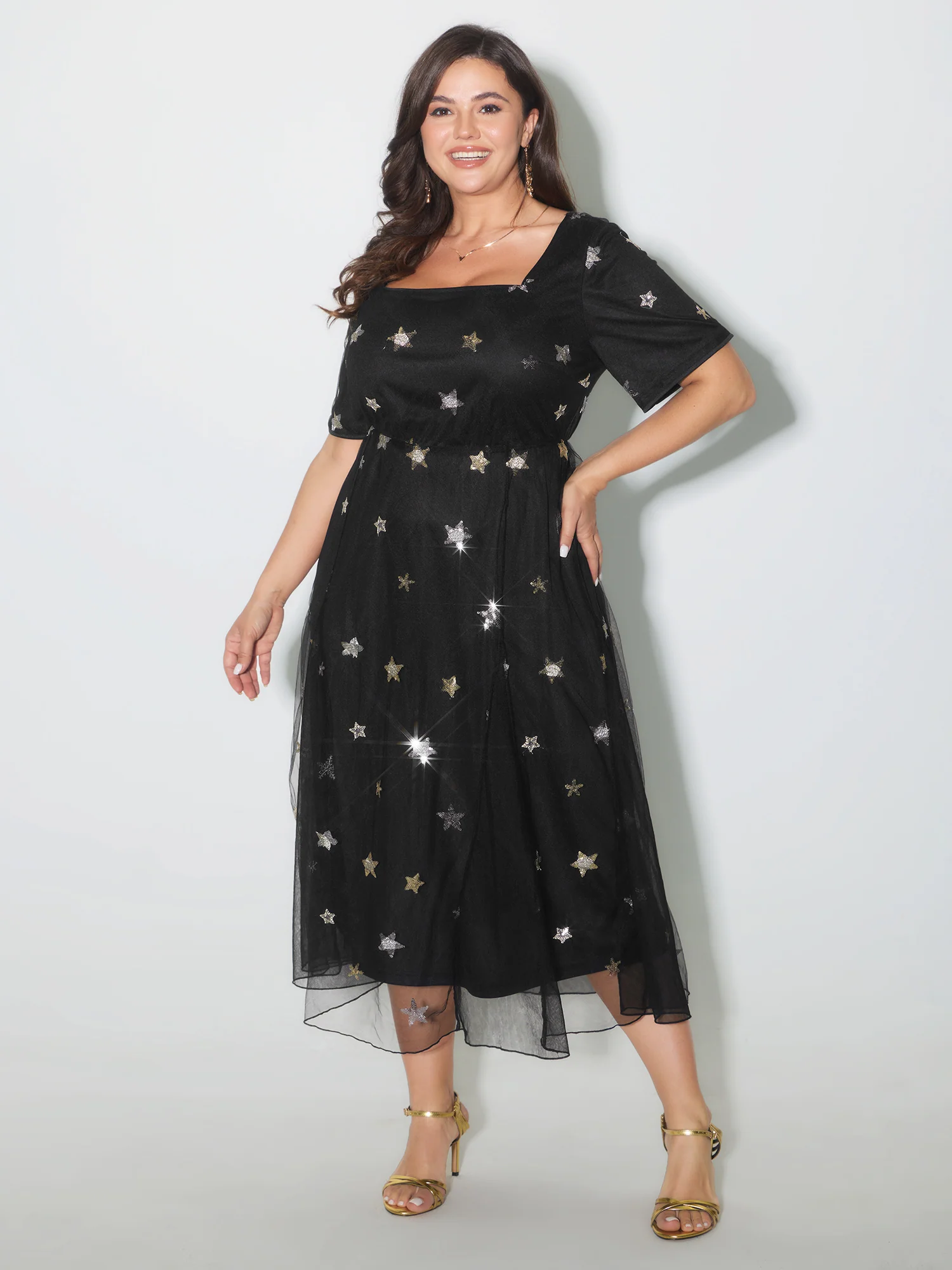 Starry Print Square Neckline Midi Dress - Image 3