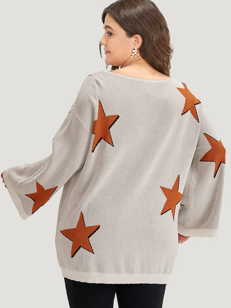 Stars Crew Neck Drop Shoulder Bell Sleeve Pullover - Image 2