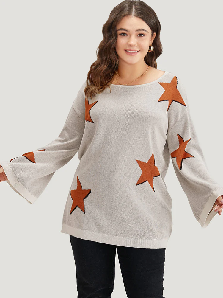 Stars Crew Neck Drop Shoulder Bell Sleeve Pullover - Image 3