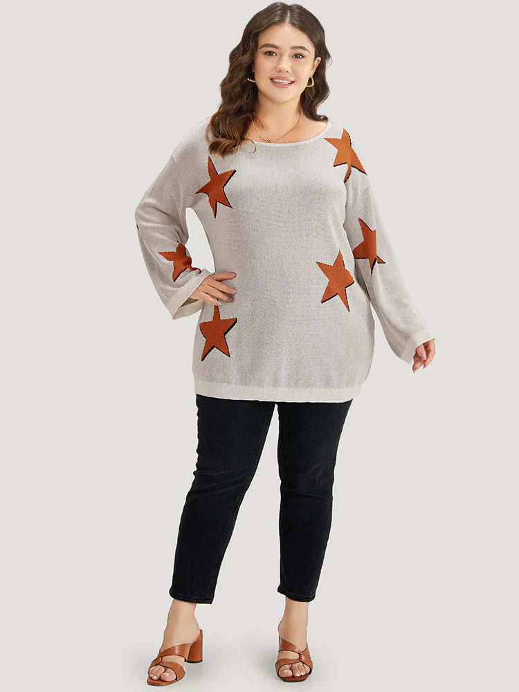 Stars Crew Neck Drop Shoulder Bell Sleeve Pullover - Image 5