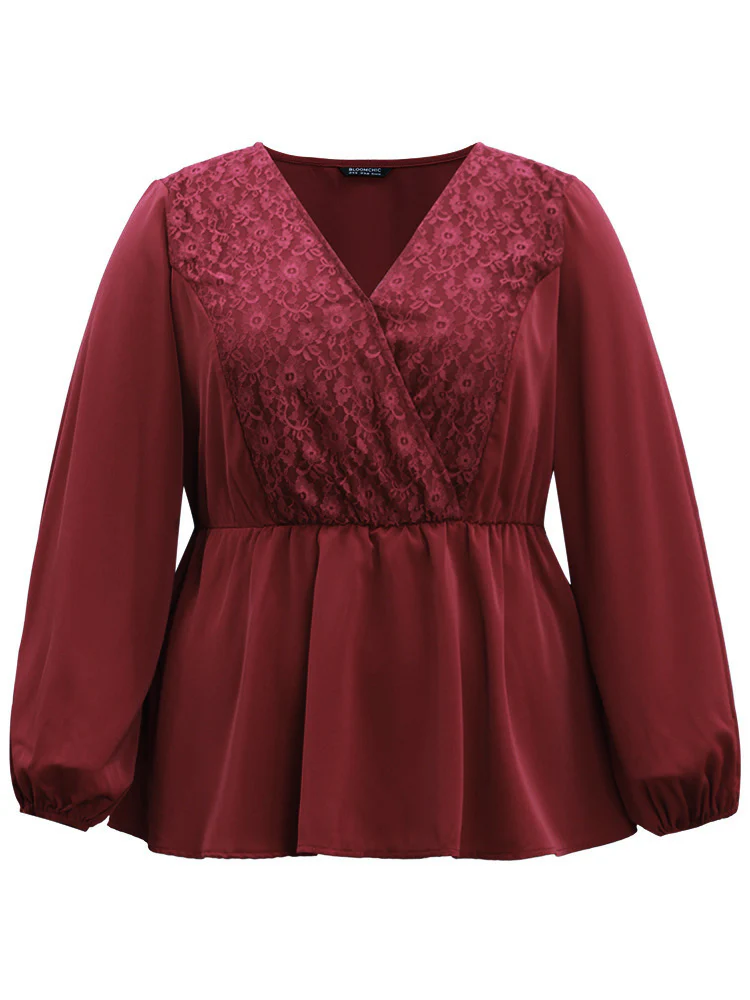 Static-Free Contrast Lace Lantern Sleeve Blouse - Image 8