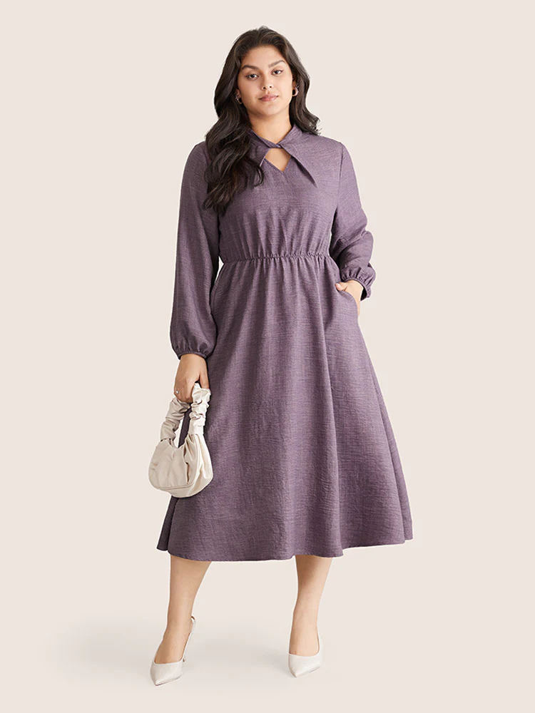 Static-Free Elastic Waist Twist Neck Lantern Sleeve Dress - Image 2