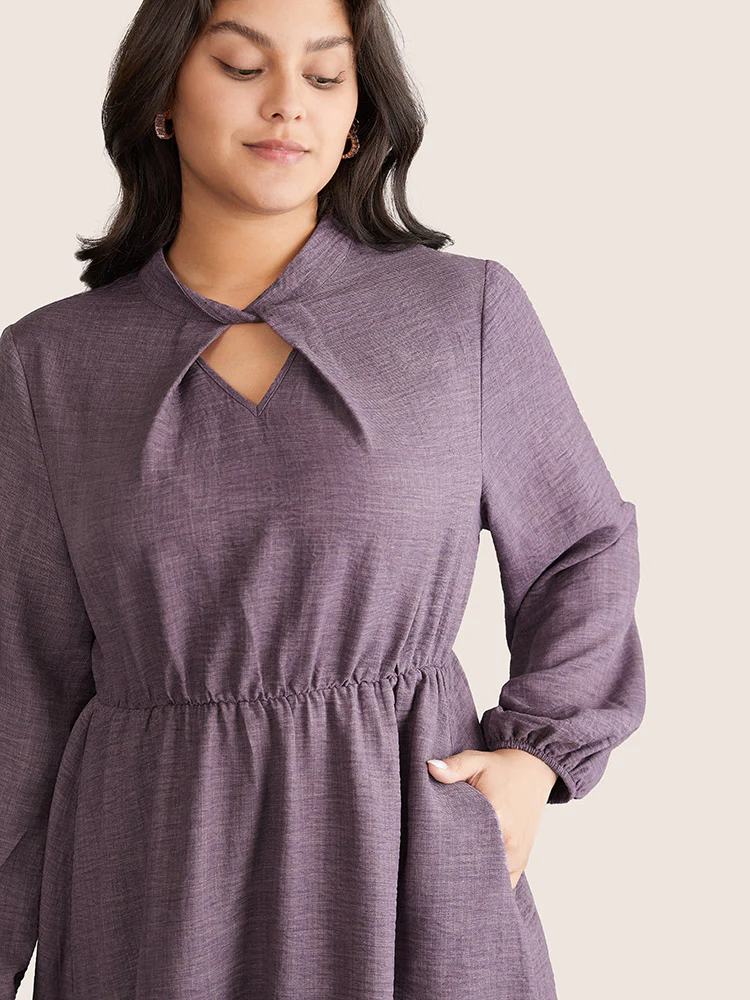 Static-Free Elastic Waist Twist Neck Lantern Sleeve Dress - Image 4