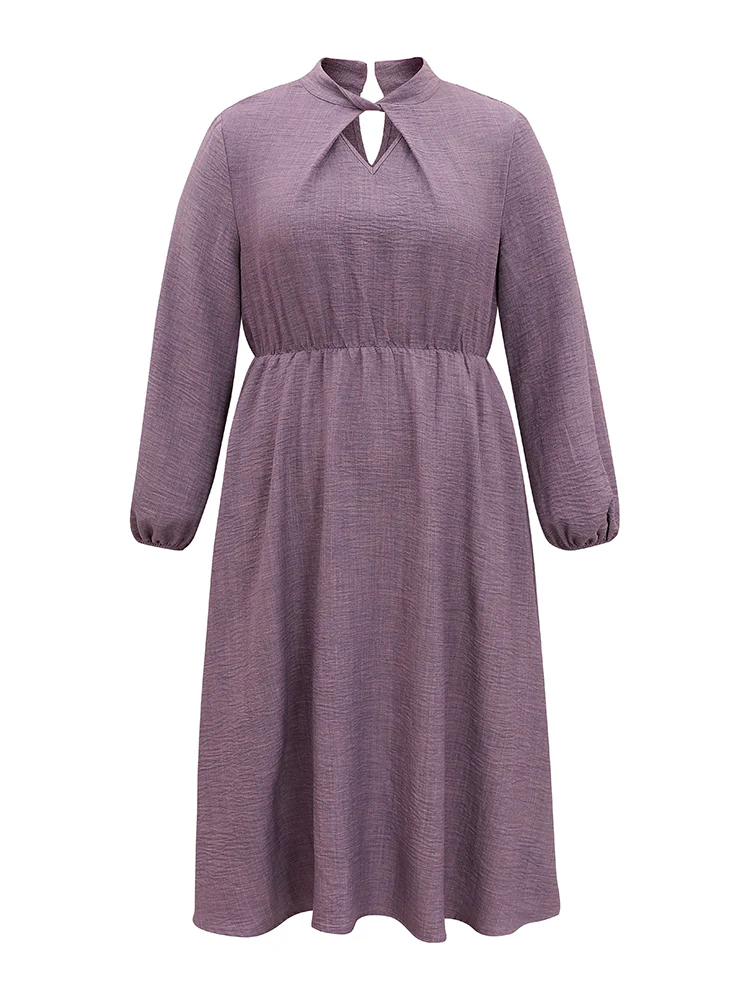 Static-Free Elastic Waist Twist Neck Lantern Sleeve Dress - Image 5