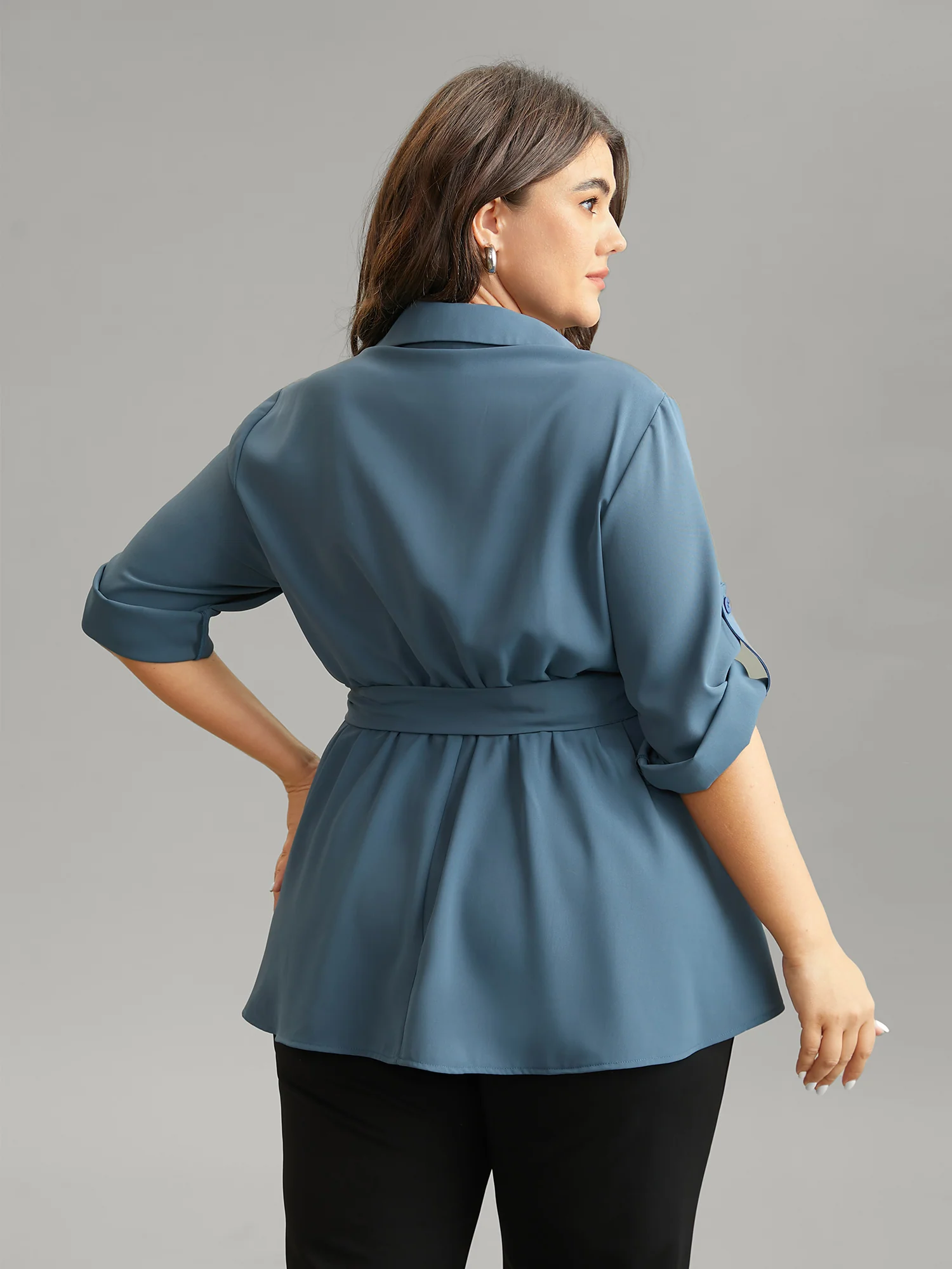 Static-Free Laser Cut Belted Scalloped Trim Blouse - Image 4