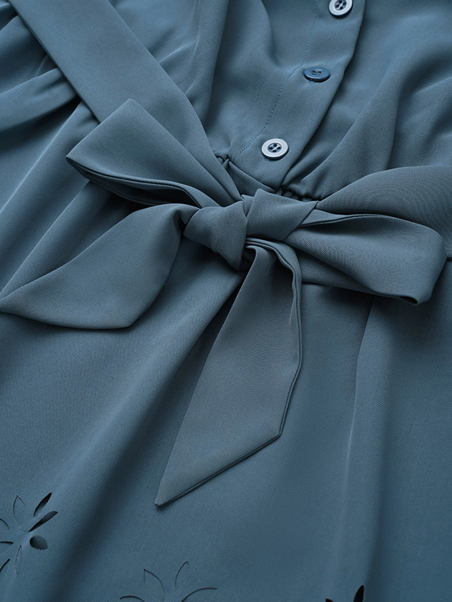 Static-Free Laser Cut Belted Scalloped Trim Blouse - Image 6
