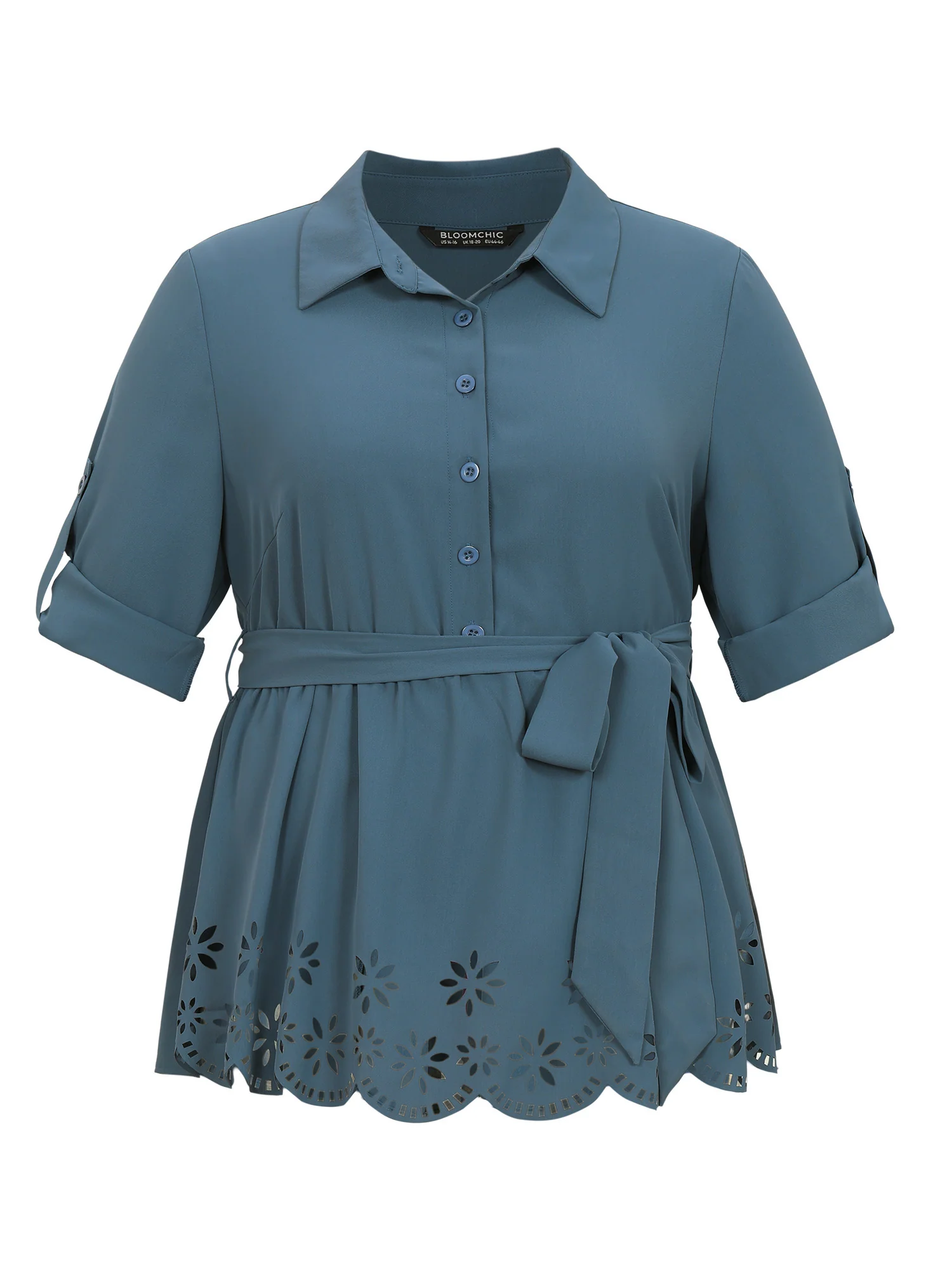 Static-Free Laser Cut Belted Scalloped Trim Blouse - Image 7