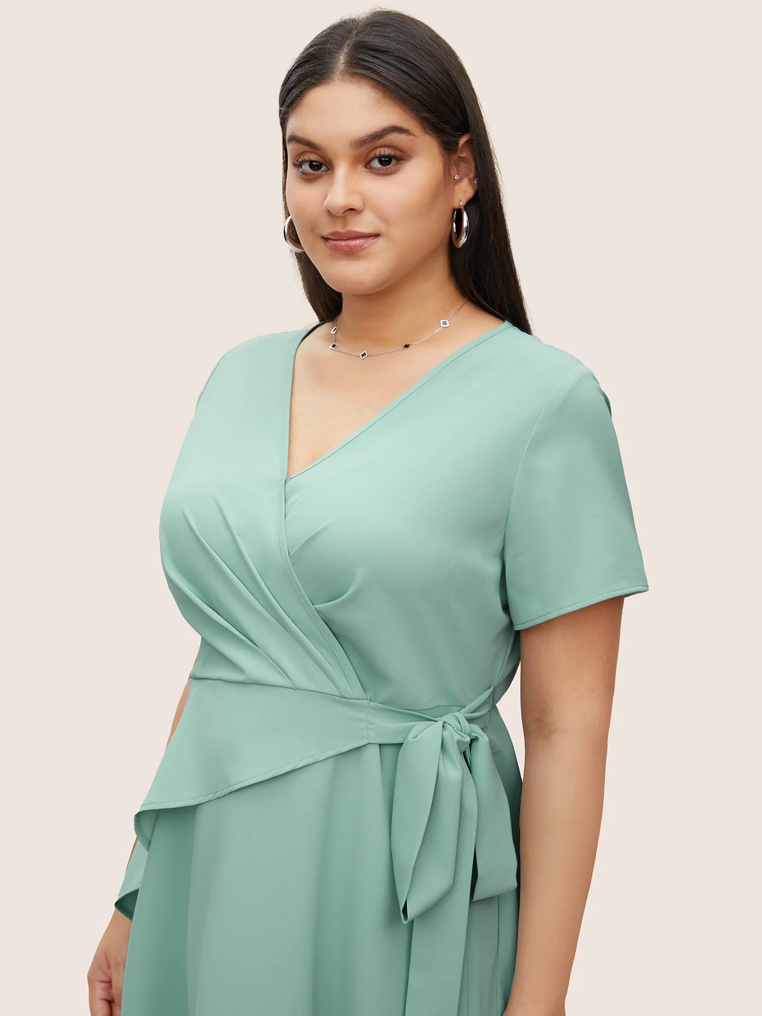 Static-Free Overlap Collar Pleated Tie Knot Dress - Image 2