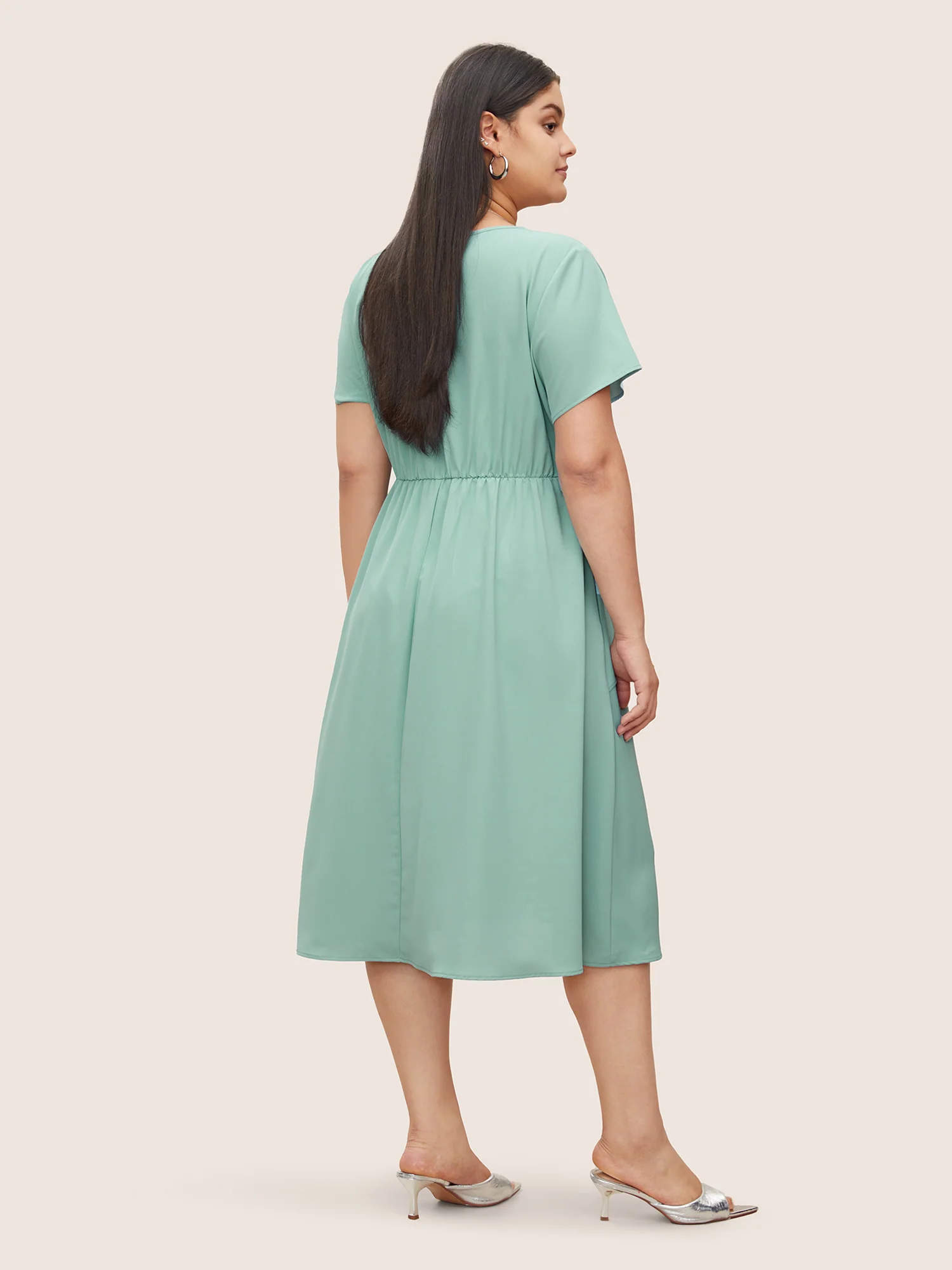 Static-Free Overlap Collar Pleated Tie Knot Dress - Image 4