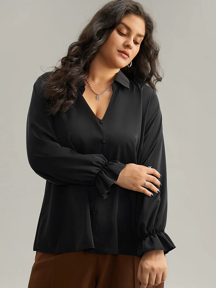 Static-Free Solid Button Detail Frill Trim Blouse - Image 3