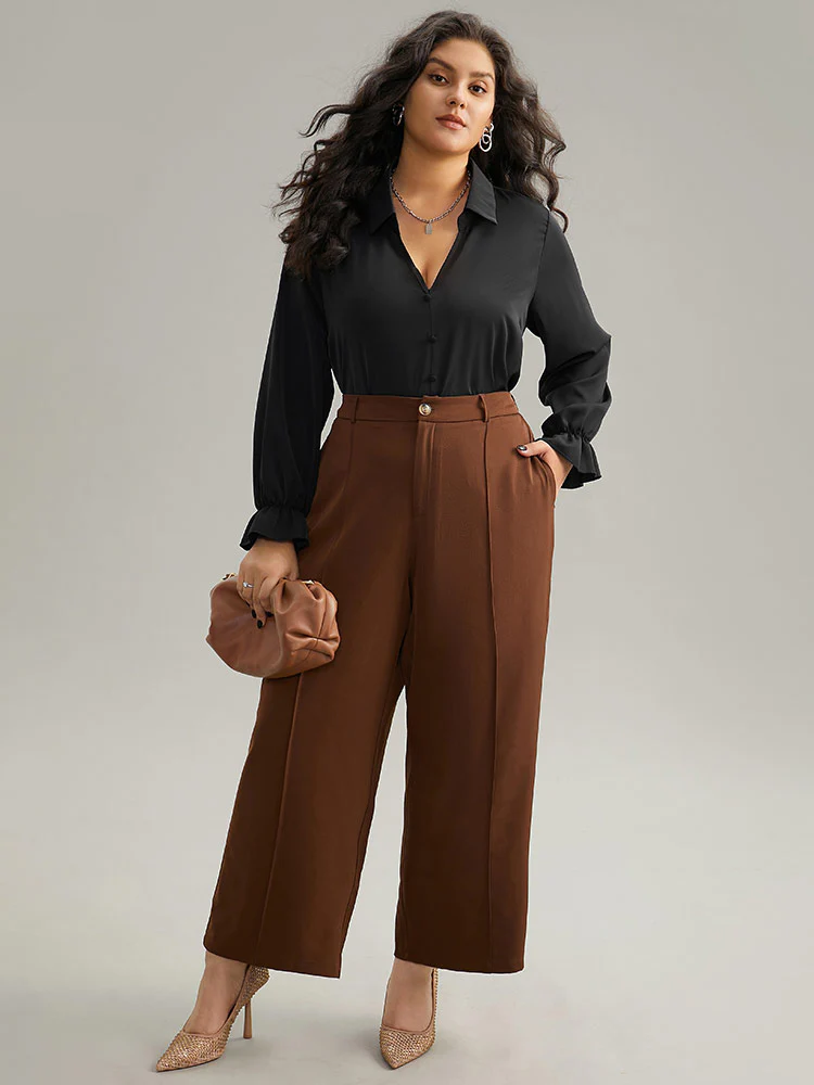 Static-Free Solid Button Detail Frill Trim Blouse - Image 4