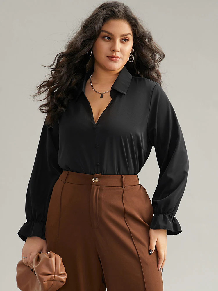 Static-Free Solid Button Detail Frill Trim Blouse - Image 5