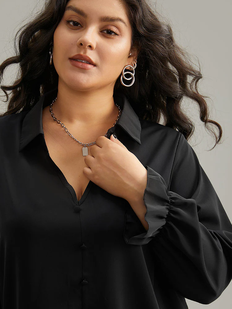 Static-Free Solid Button Detail Frill Trim Blouse - Image 6