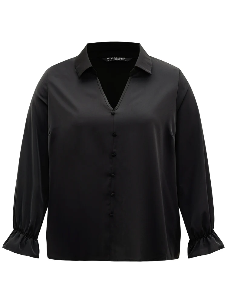 Static-Free Solid Button Detail Frill Trim Blouse - Image 7