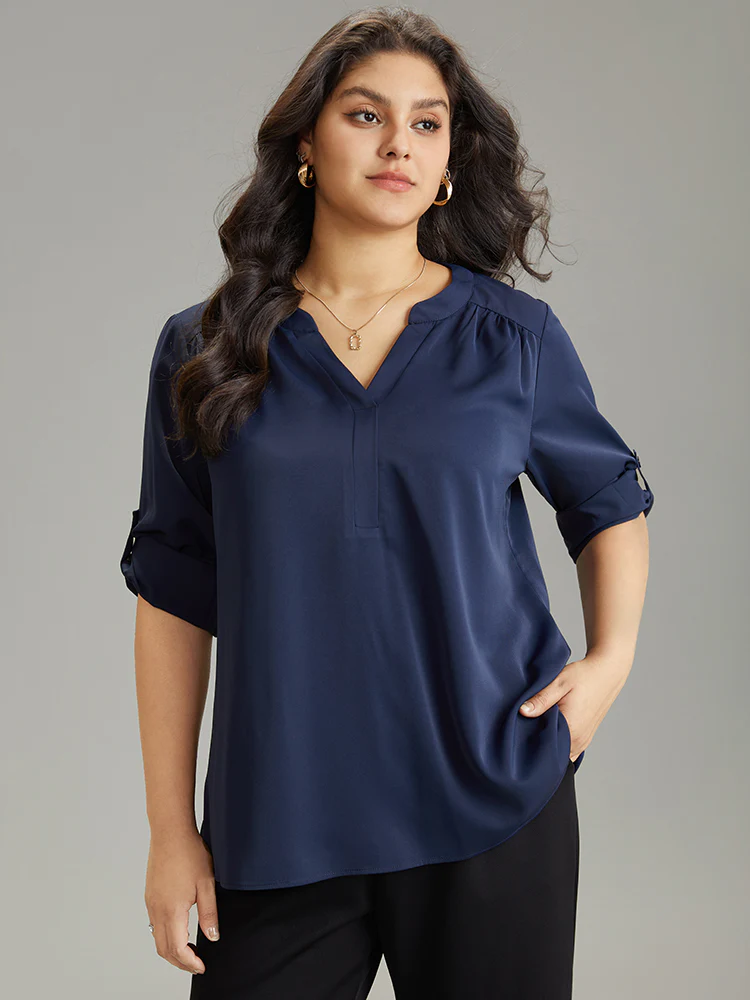 Static-Free Solid Gathered Tab Sleeve Blouse - Image 2