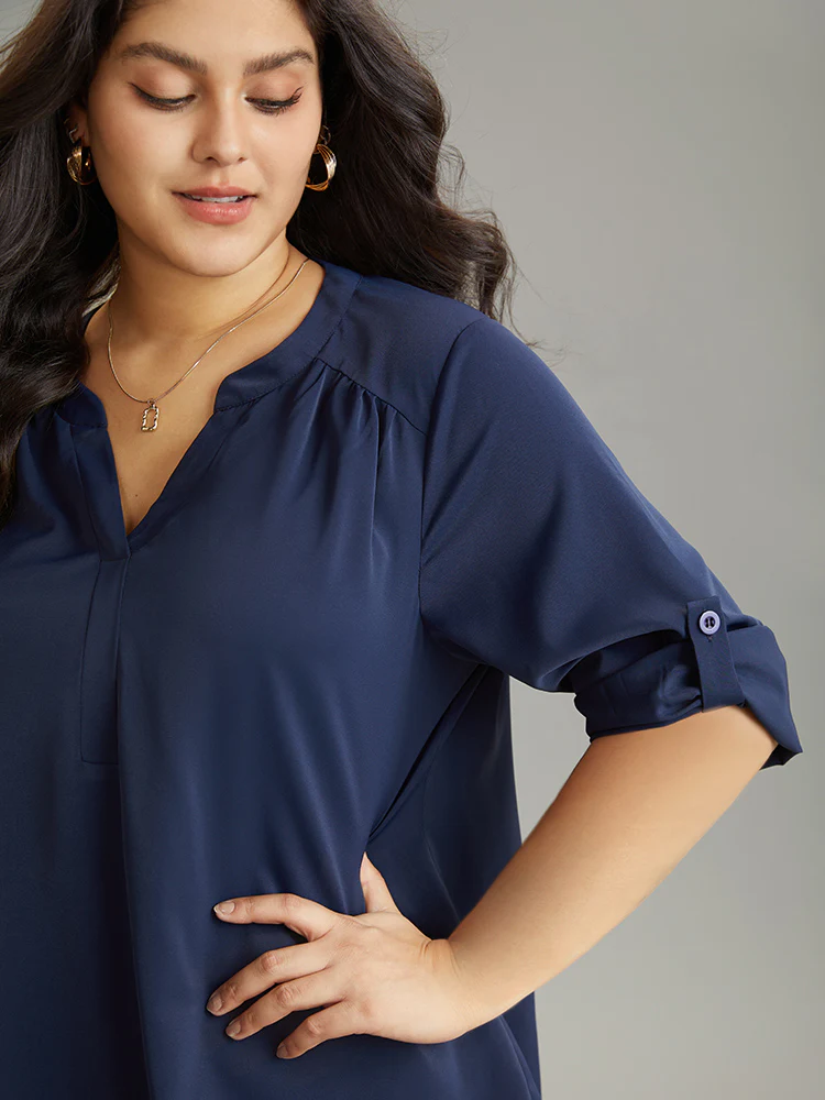 Static-Free Solid Gathered Tab Sleeve Blouse - Image 5