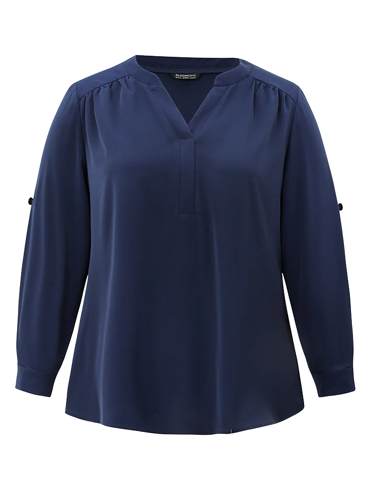 Static-Free Solid Gathered Tab Sleeve Blouse - Image 6