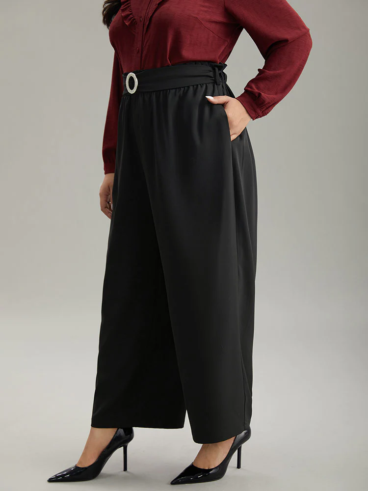 Static-Free Solid Glitter Buckle Detail Belted Pants - Image 3