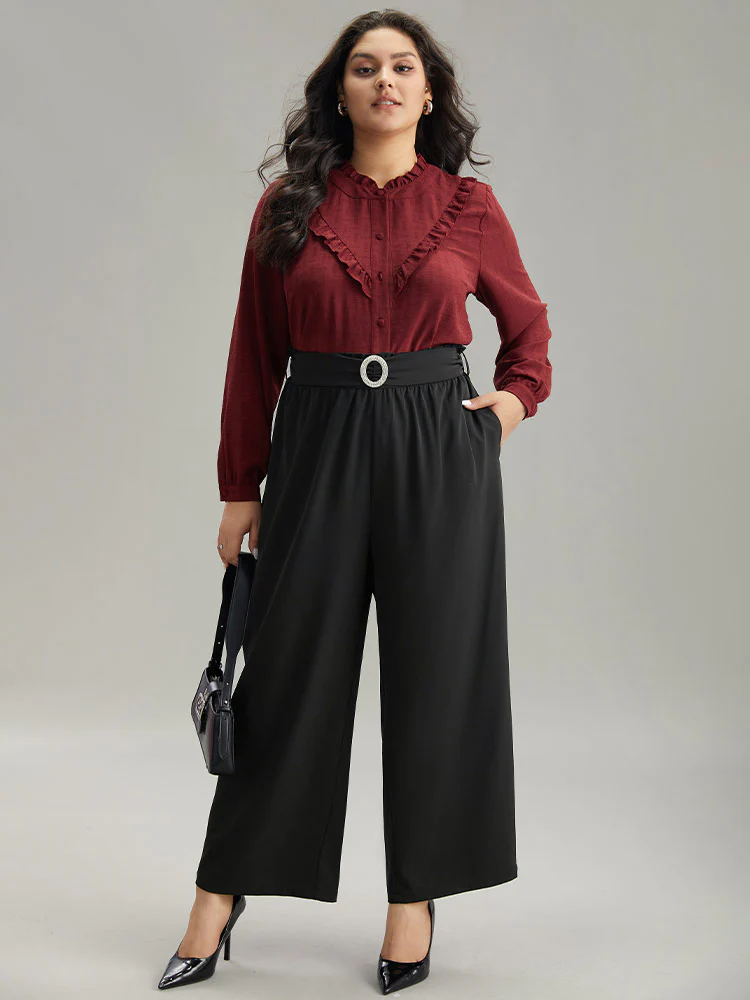 Static-Free Solid Glitter Buckle Detail Belted Pants - Image 4