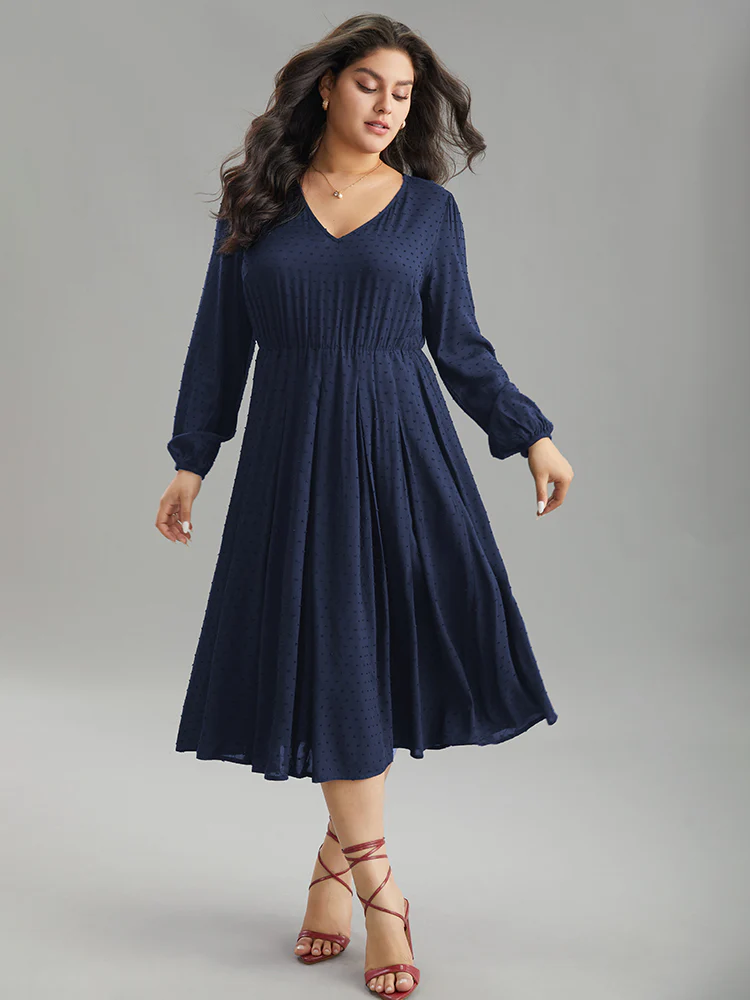 Static-Free Solid Lantern Sleeve Pleated Dress - Image 2