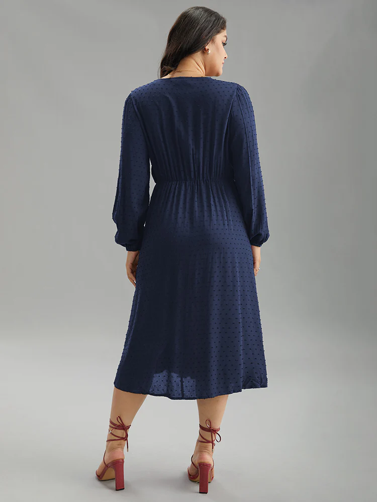 Static-Free Solid Lantern Sleeve Pleated Dress - Image 3