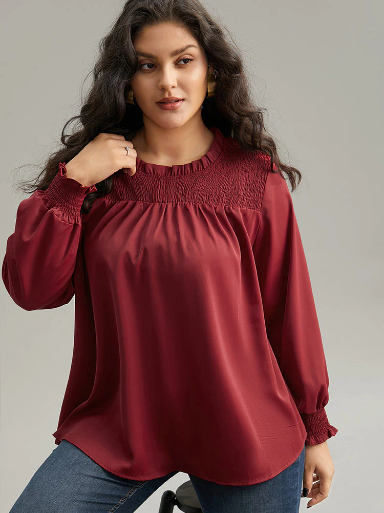 Static-Free Solid Shirred Frill Trim Blouse