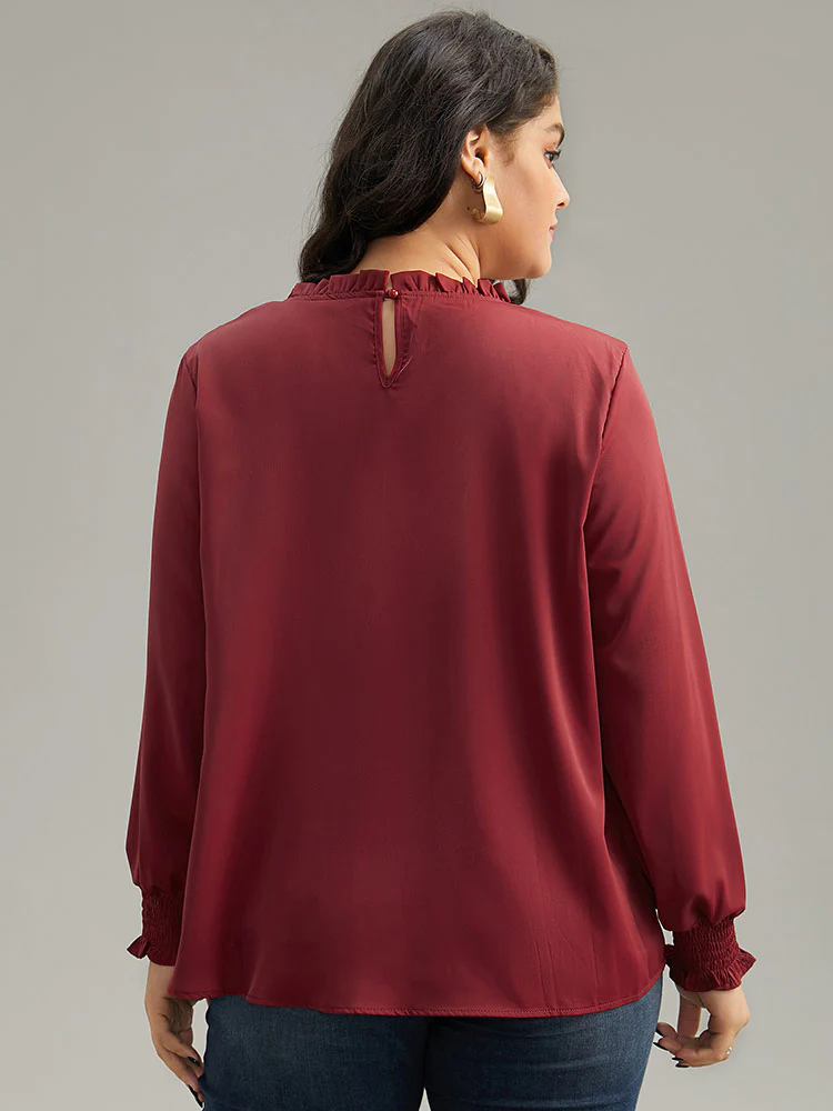 Static-Free Solid Shirred Frill Trim Blouse - Image 2