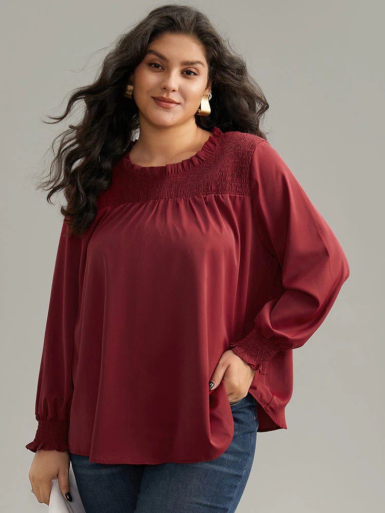Static-Free Solid Shirred Frill Trim Blouse - Image 3