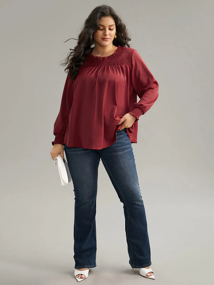 Static-Free Solid Shirred Frill Trim Blouse - Image 4