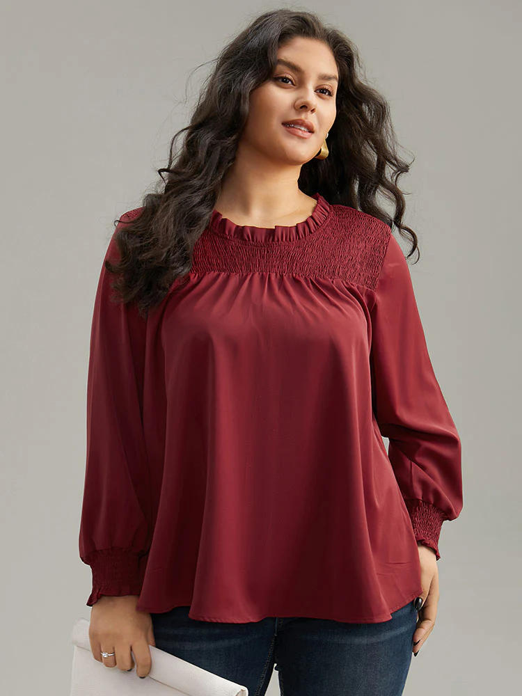 Static-Free Solid Shirred Frill Trim Blouse - Image 5