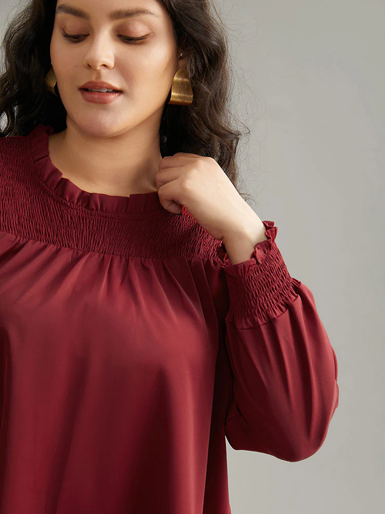Static-Free Solid Shirred Frill Trim Blouse - Image 6