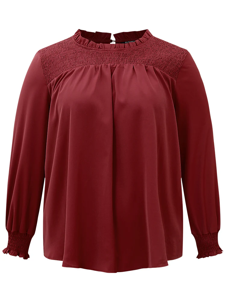 Static-Free Solid Shirred Frill Trim Blouse - Image 7