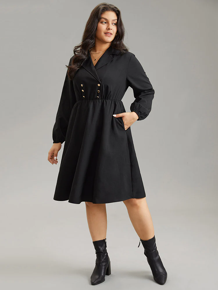 Static-Free Suit Collar Button Detail Elastic Waist Dress - Image 2