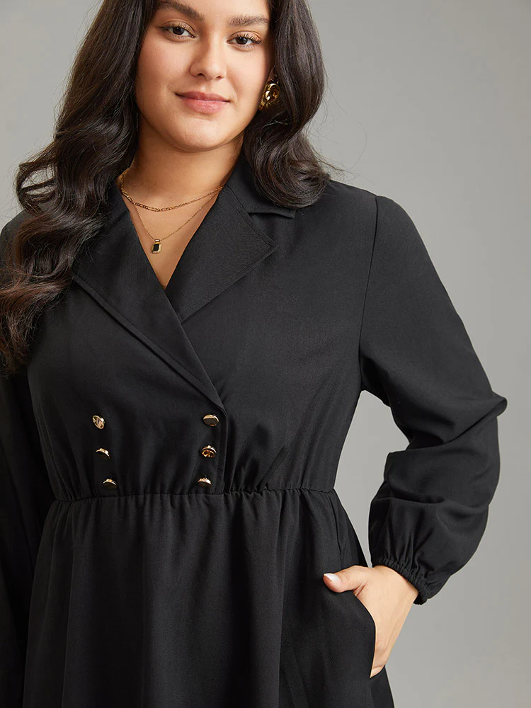 Static-Free Suit Collar Button Detail Elastic Waist Dress - Image 4