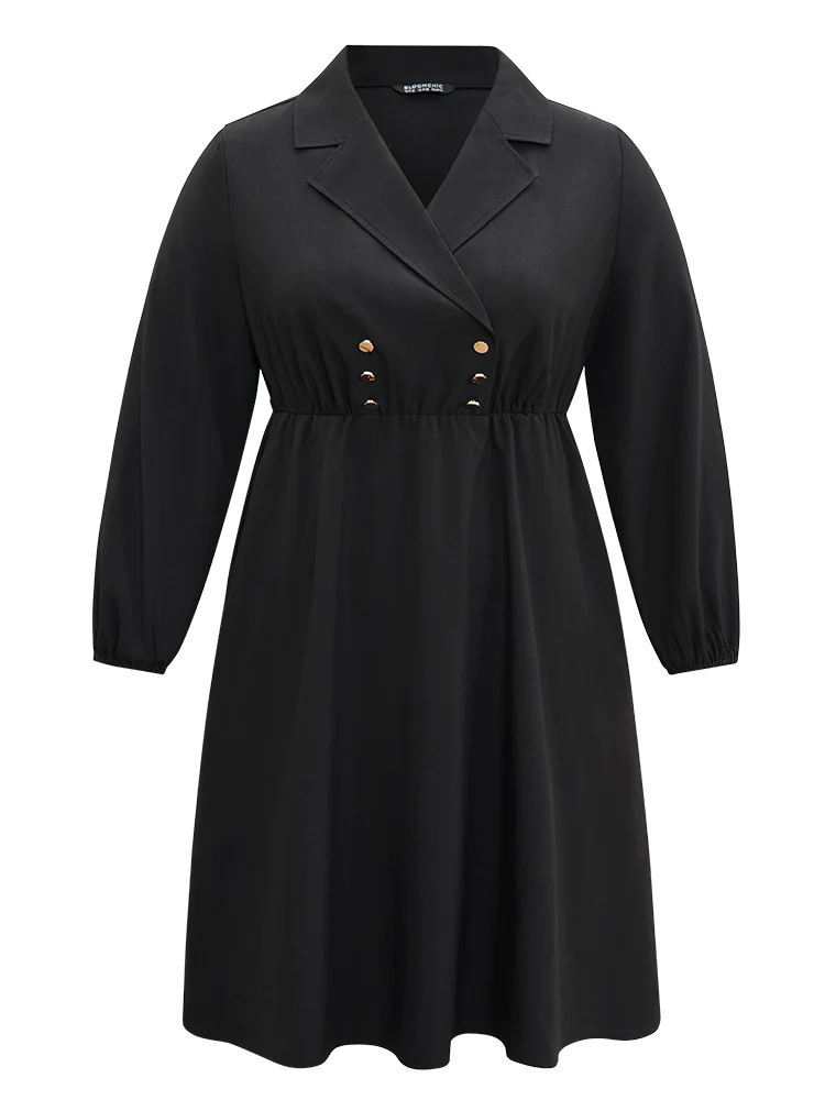 Static-Free Suit Collar Button Detail Elastic Waist Dress - Image 5