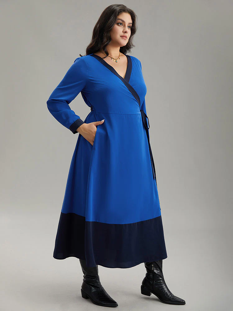 Static-Free Two Tone Wrap Ties Pocket Dress - Image 2