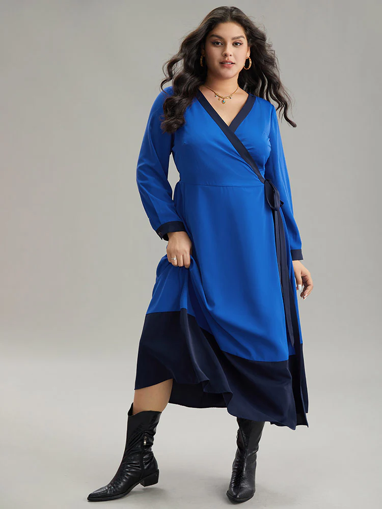 Static-Free Two Tone Wrap Ties Pocket Dress - Image 5
