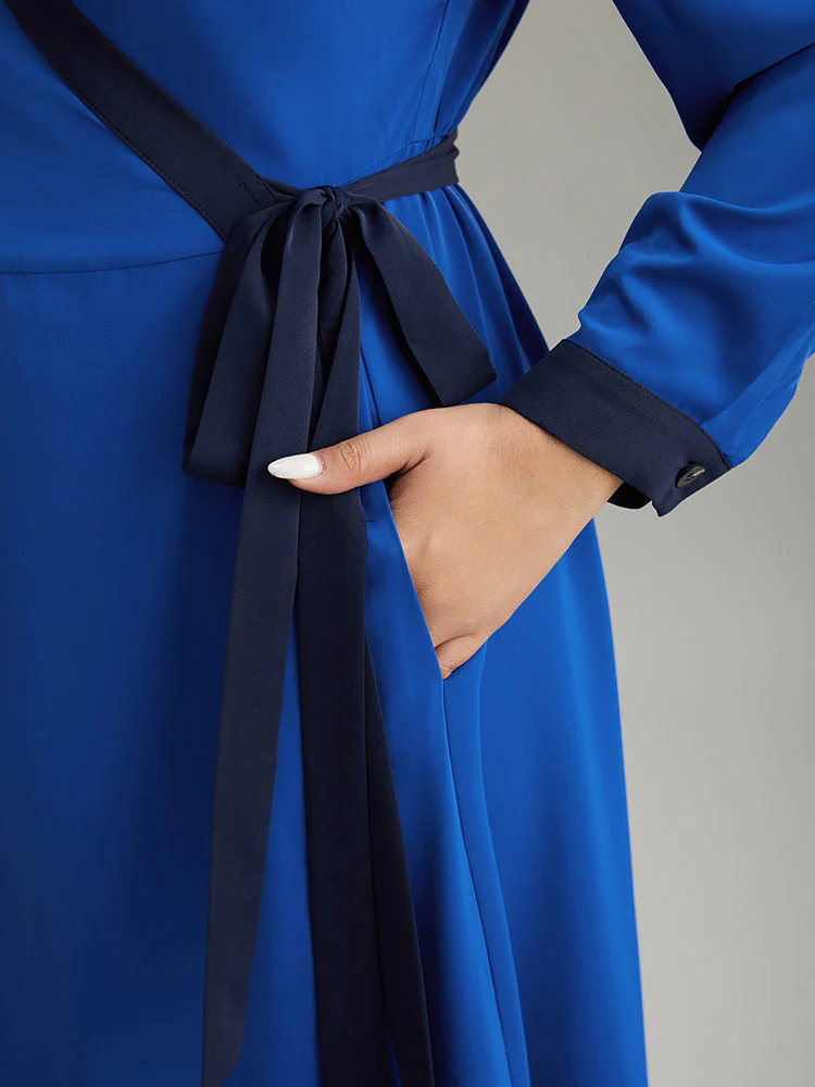 Static-Free Two Tone Wrap Ties Pocket Dress - Image 7