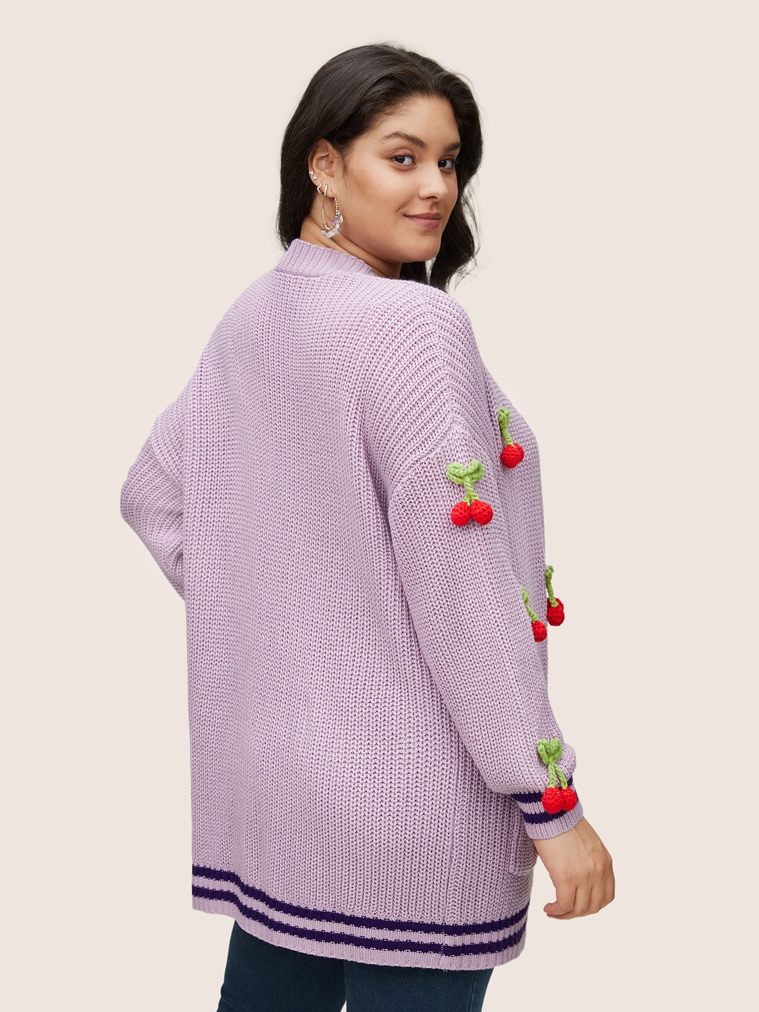 Stereo Cherry Design Striped Patchwork Cardigan - Image 2