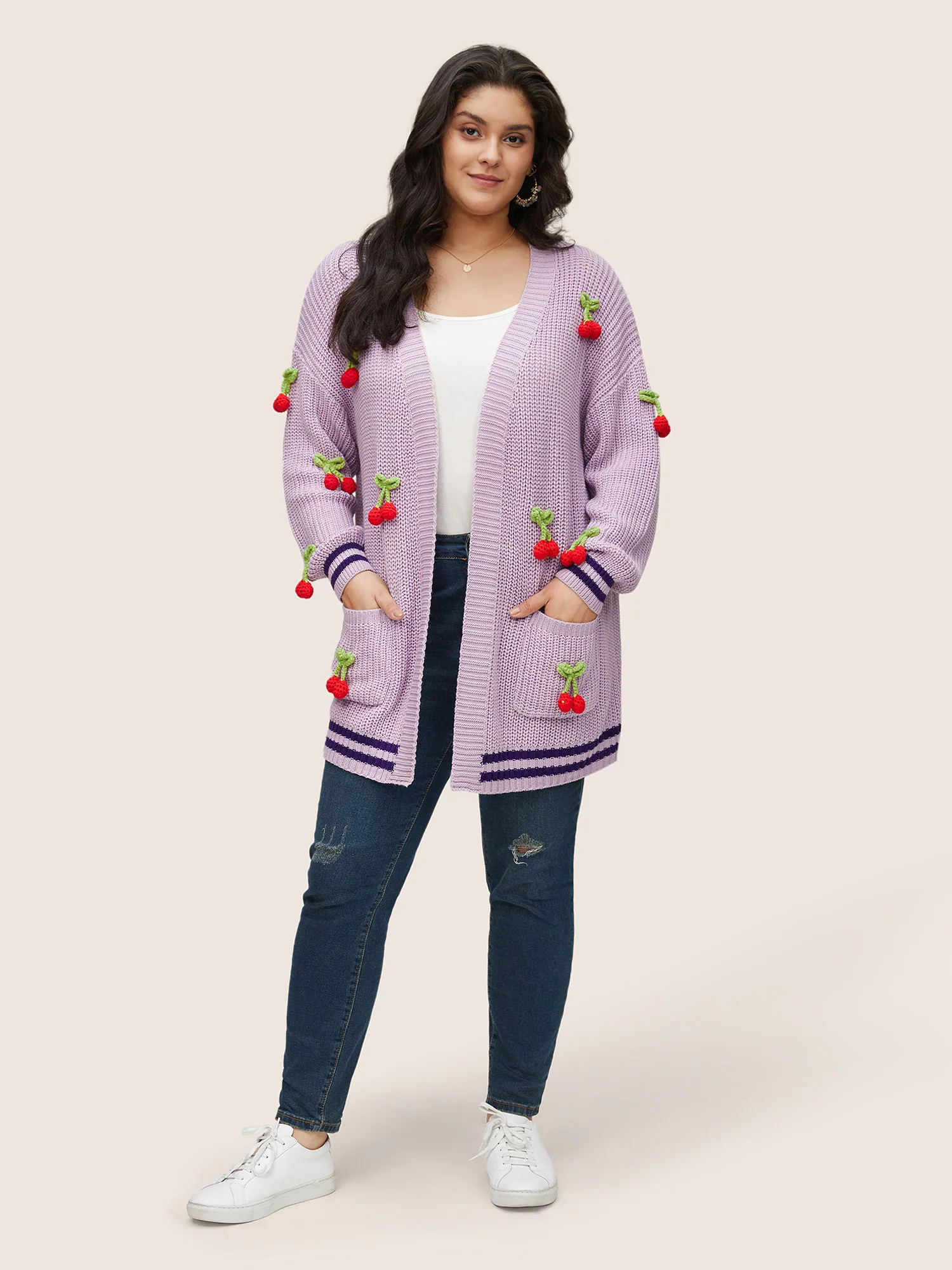 Stereo Cherry Design Striped Patchwork Cardigan - Image 3