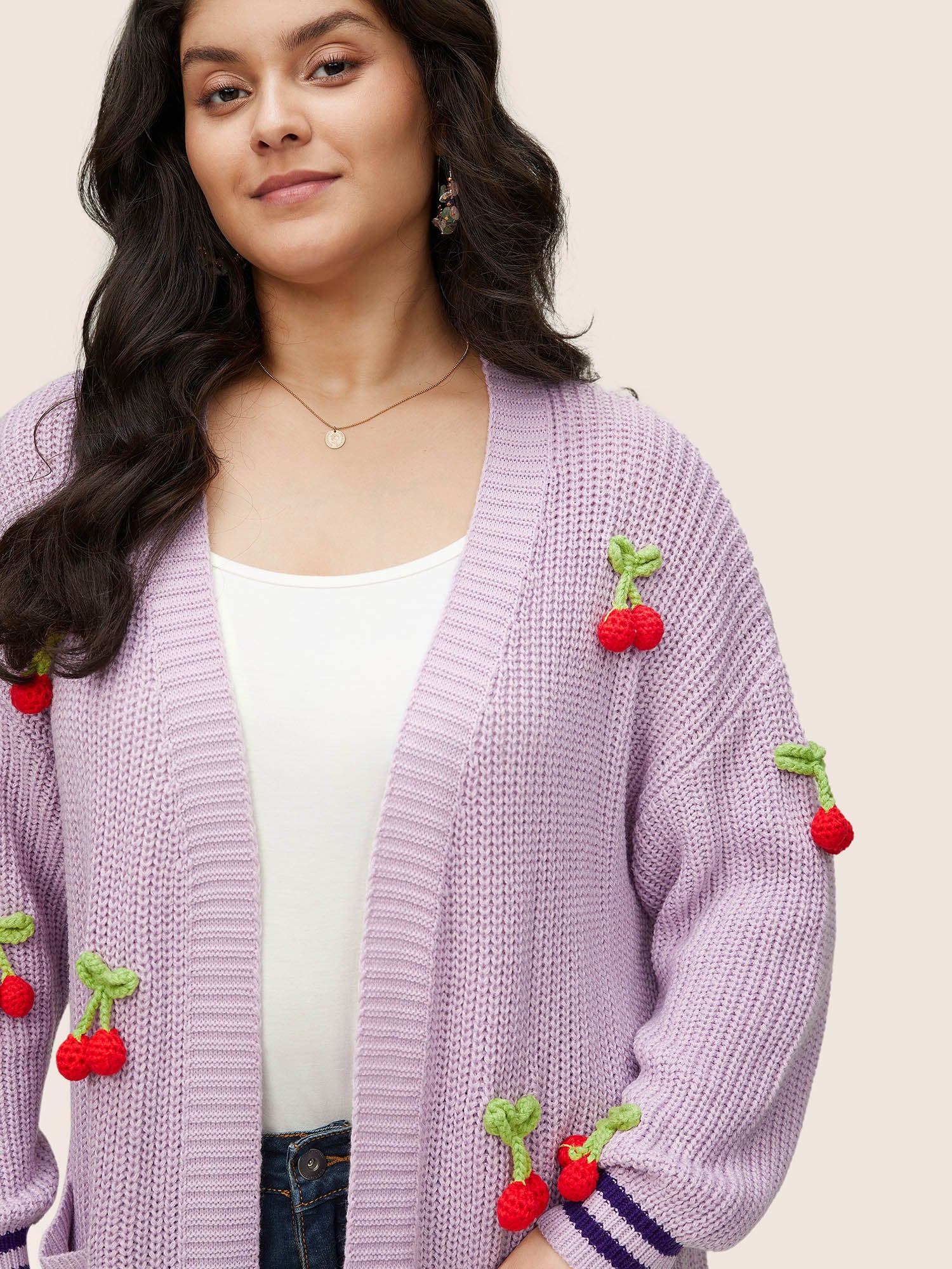 Stereo Cherry Design Striped Patchwork Cardigan - Image 4