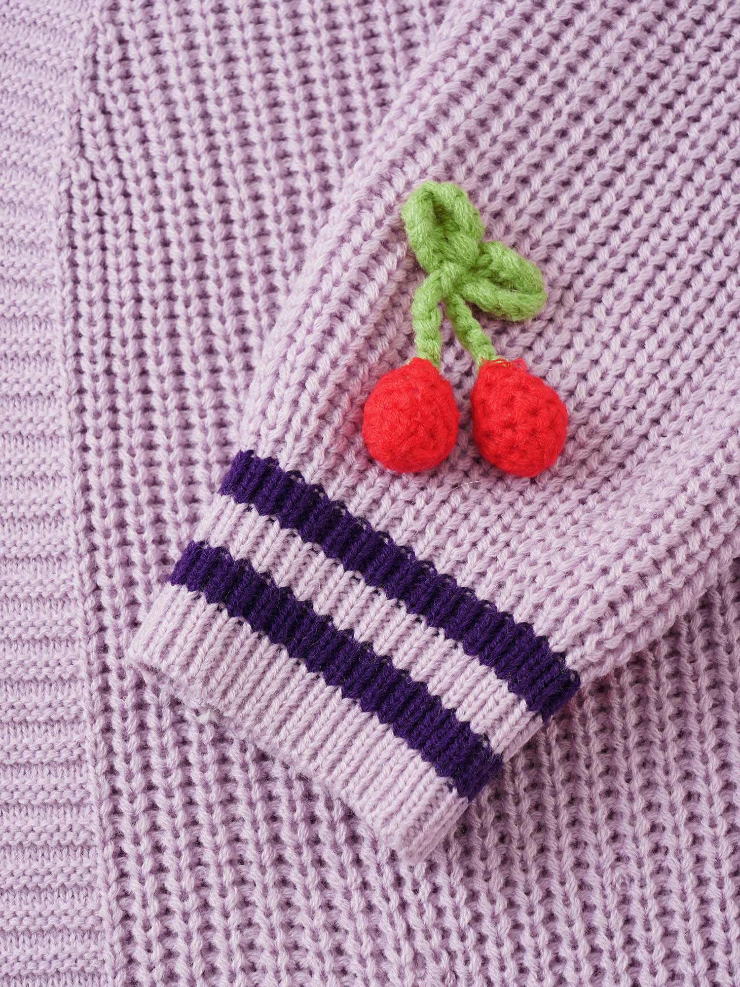 Stereo Cherry Design Striped Patchwork Cardigan - Image 6