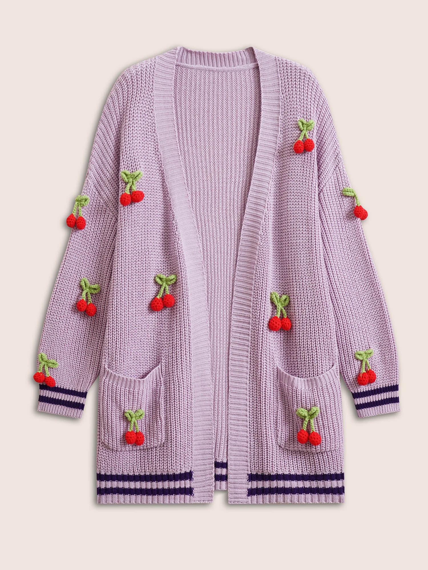 Stereo Cherry Design Striped Patchwork Cardigan - Image 7