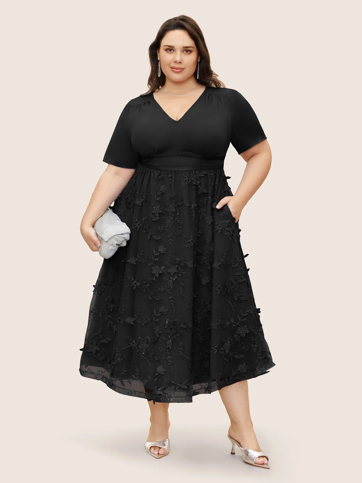 Stereo Floral Embroidered Patchwork Mesh Dress - Image 2