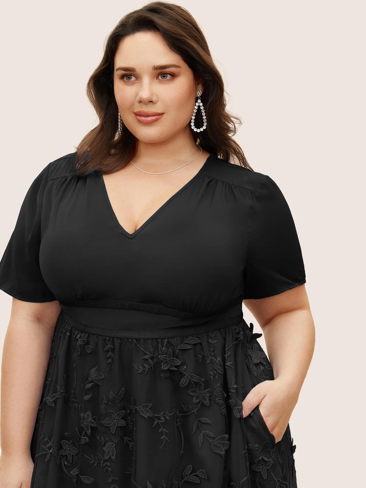 Stereo Floral Embroidered Patchwork Mesh Dress - Image 3