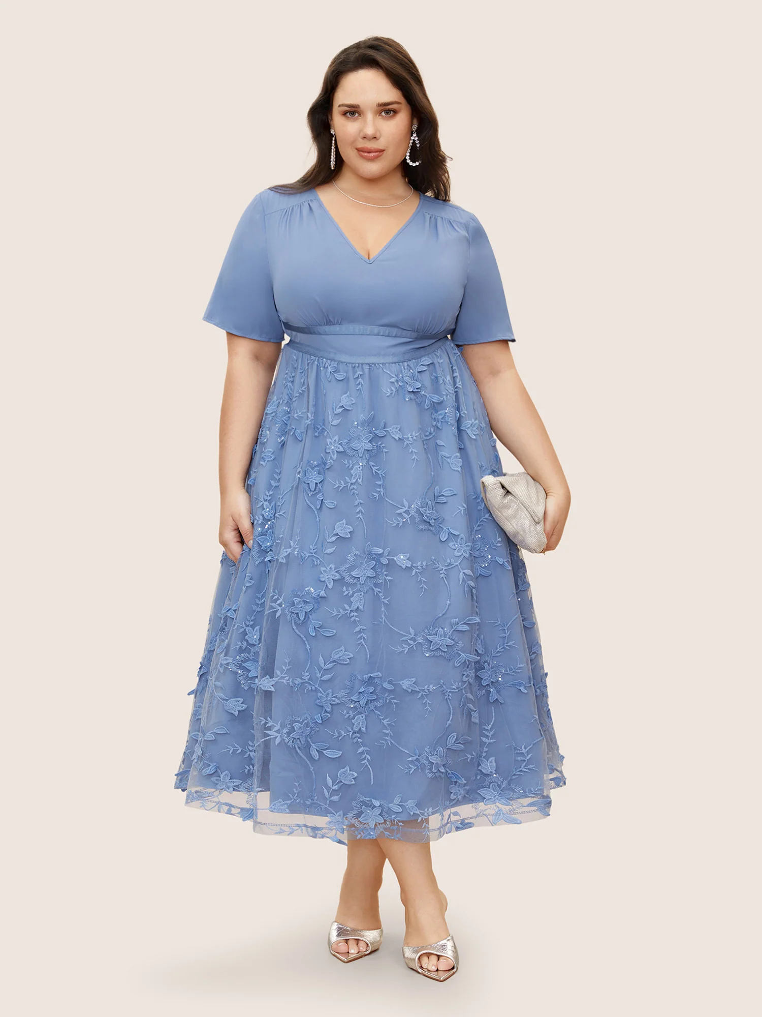 Stereo Floral Embroidered Patchwork Mesh Dress - Image 5