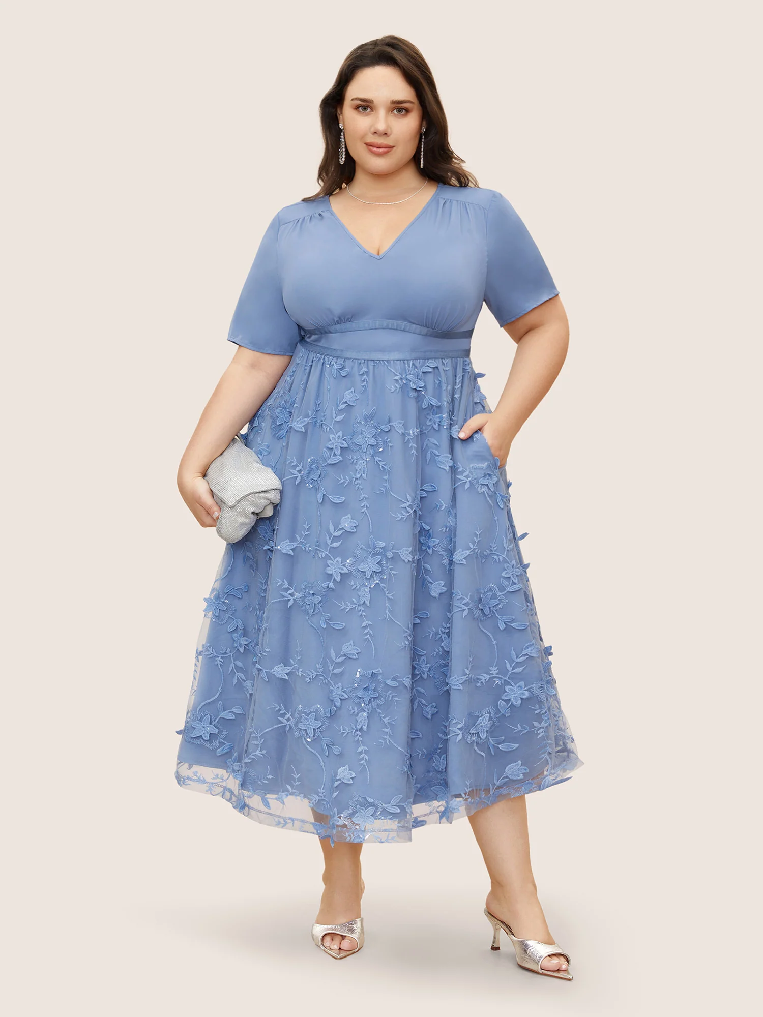 Stereo Floral Embroidered Patchwork Mesh Dress - Image 6
