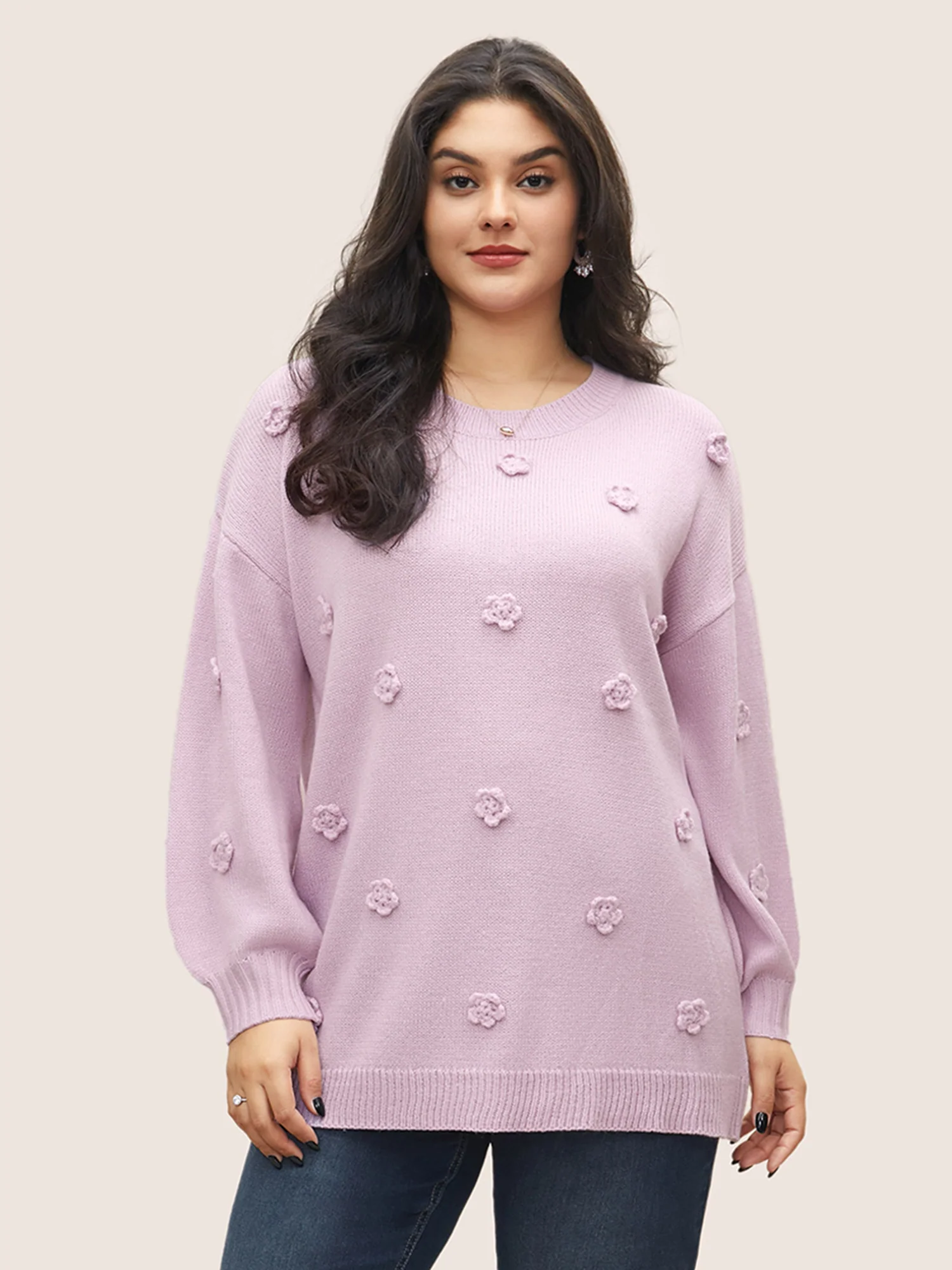 Stereo Flower Design Drop Shoulder Pullover - Image 3